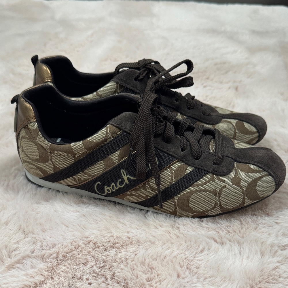 Coach Signature Brown and Gold Lace-Up Sneakers
